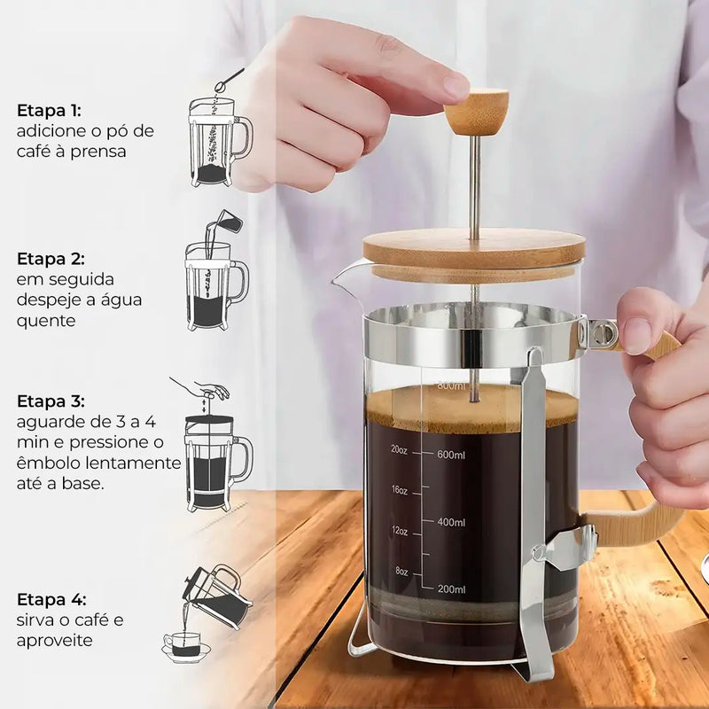 Cafeteira Prensa Francesa com Tampa e Alça de Bambu