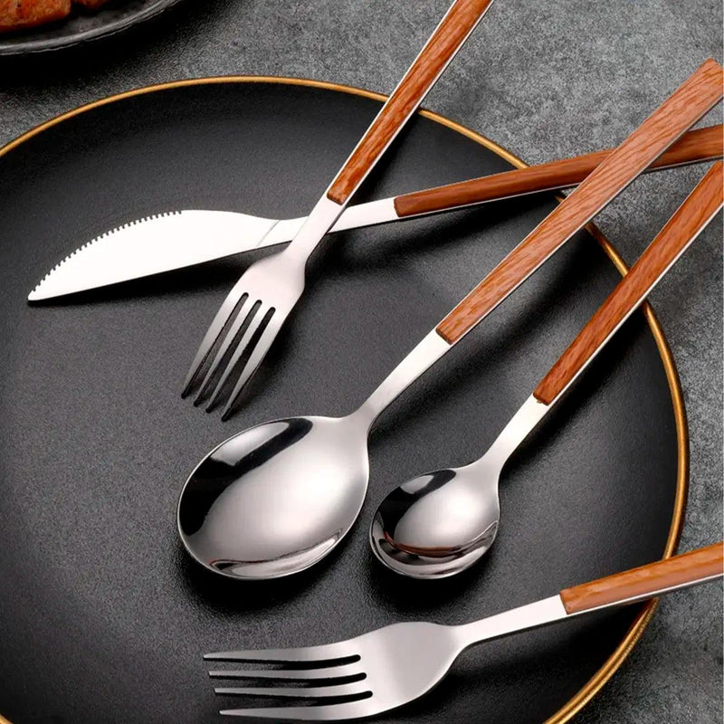 Jogo de Talheres Inox com Cabo de Madeira 30 peças