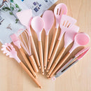 Kit Utensílios de Cozinha 12 Peças de Silicone com Cabo de Madeira