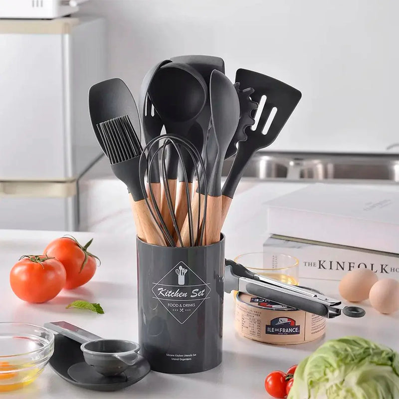 Kit Utensílios de Cozinha 12 Peças de Silicone com Cabo de Madeira
