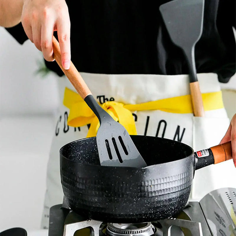 Kit Utensílios de Cozinha 12 Peças de Silicone com Cabo de Madeira