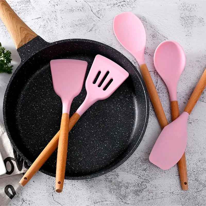 Kit Utensílios de Cozinha 12 Peças de Silicone com Cabo de Madeira