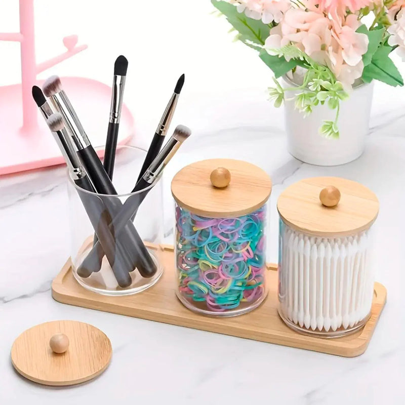 Porta Cotonete e Algodão com Tampa de Bambu