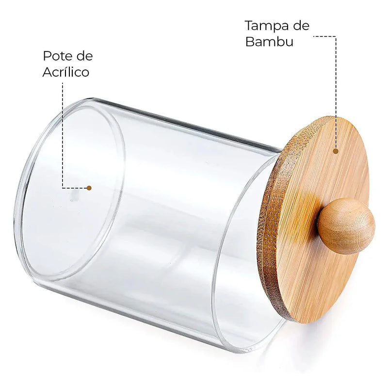 Porta Cotonete e Algodão com Tampa de Bambu