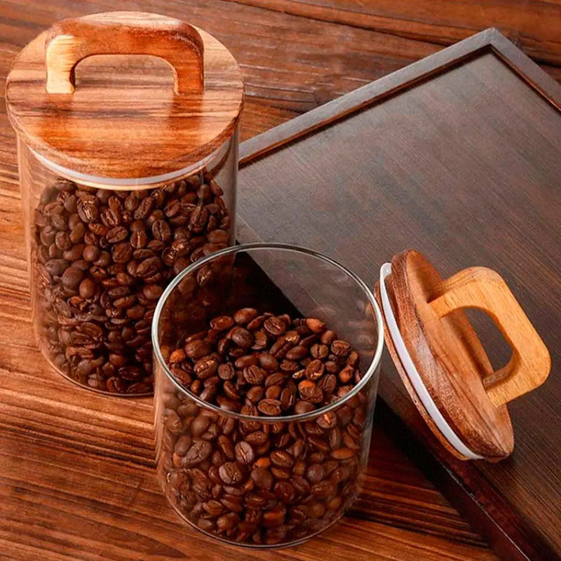 Pote Hermético de Vidro com Tampa de Madeira