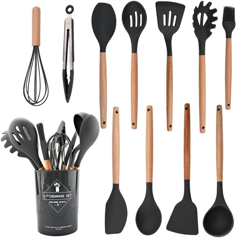 Kit Utensílios de Cozinha 12 Peças de Silicone com Cabo de Madeira