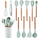 Kit Utensílios de Cozinha 12 Peças de Silicone com Cabo de Madeira