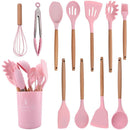 Kit Utensílios de Cozinha 12 Peças de Silicone com Cabo de Madeira