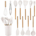 Kit Utensílios de Cozinha 12 Peças de Silicone com Cabo de Madeira