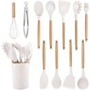 Kit Utensílios de Cozinha 12 Peças de Silicone com Cabo de Madeira