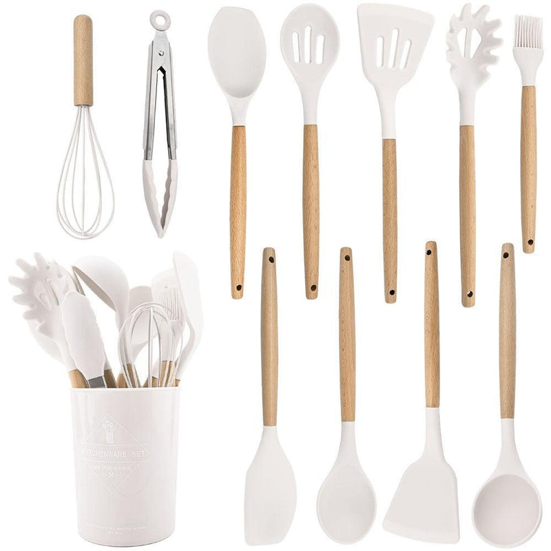 Kit Utensílios de Cozinha 12 Peças de Silicone com Cabo de Madeira