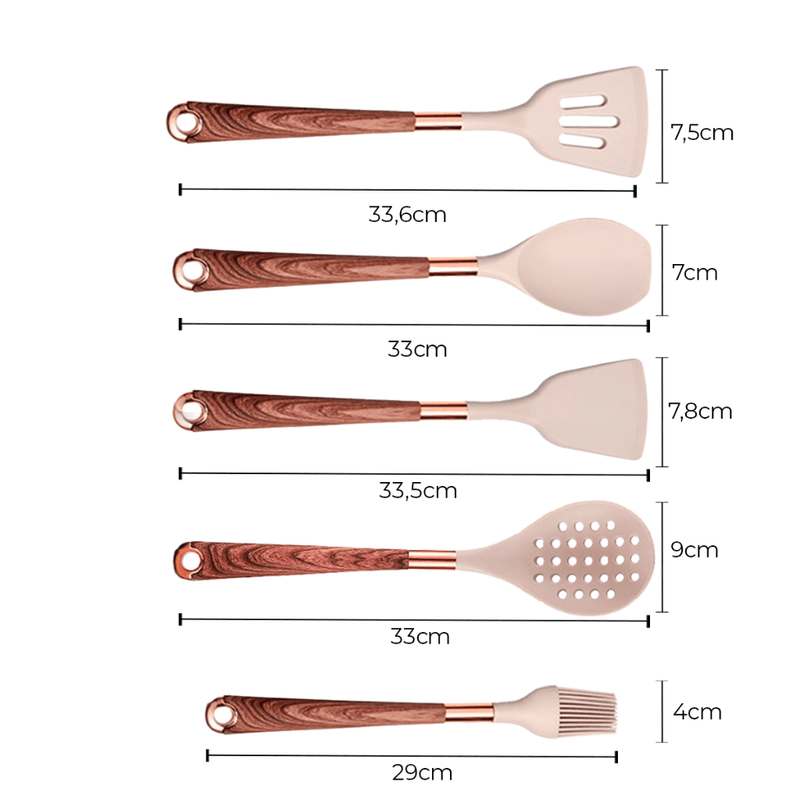 Kit Utensílios de Cozinha de Silicone Rose Gold 6 ou 10 Peças